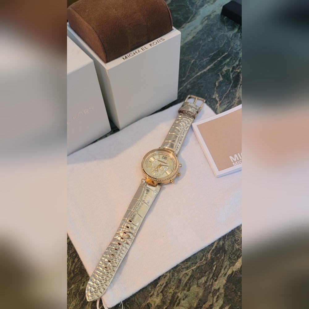 MICHAEL KORS GOLD Crystal Bezel Ladies Watch GOLD Leather Snake Strap Box $325 - Picture 9 of 13